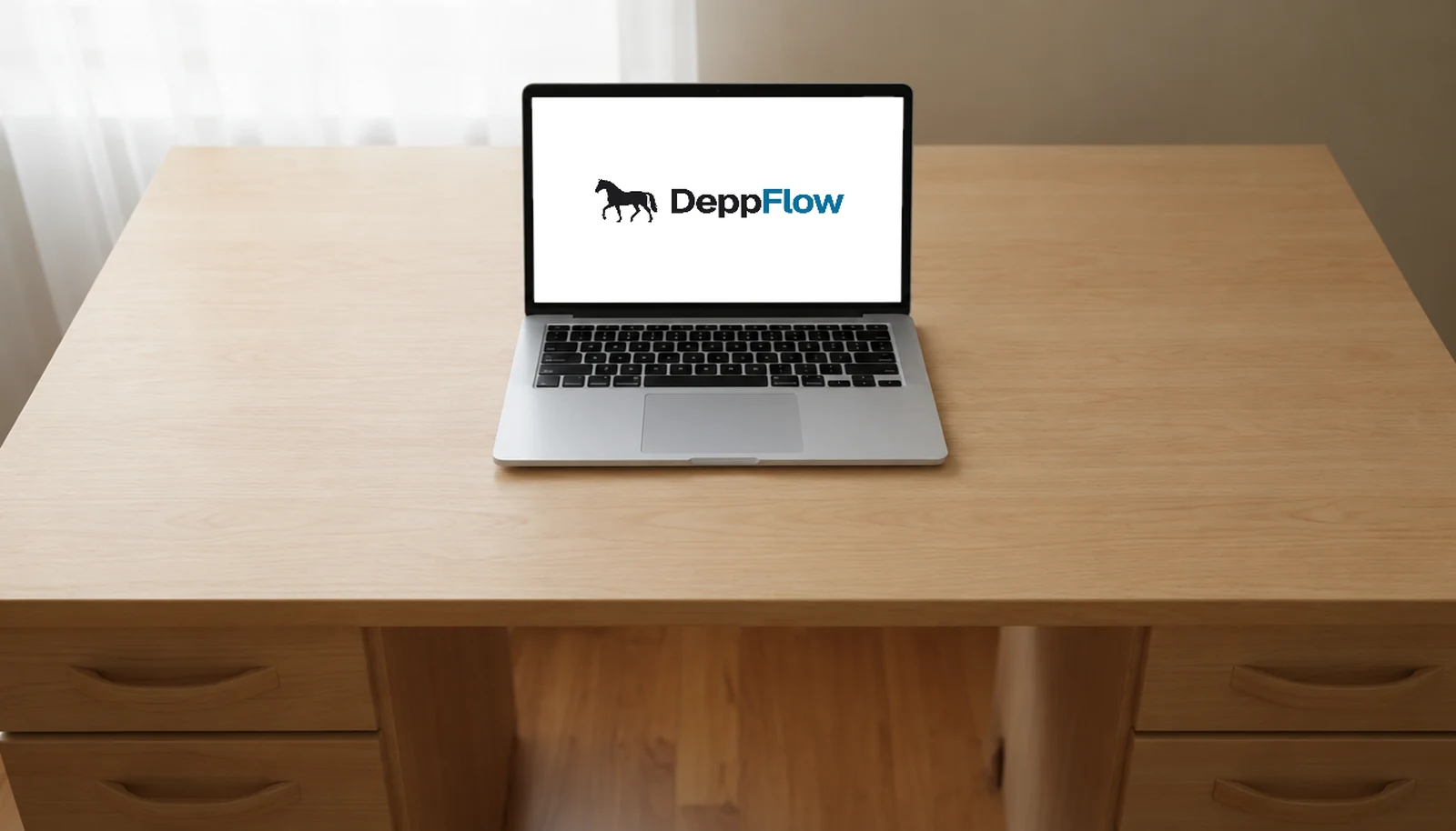 Derselbe Schreibtisch, leer geräumt, darauf nur ein Laptop mit dem DeppFlow-Zeichen